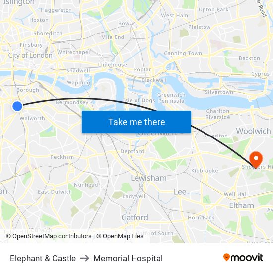 Elephant & Castle to Memorial Hospital map