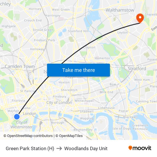 Green Park Station (H) to Woodlands Day Unit map