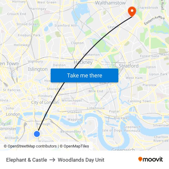 Elephant & Castle to Woodlands Day Unit map