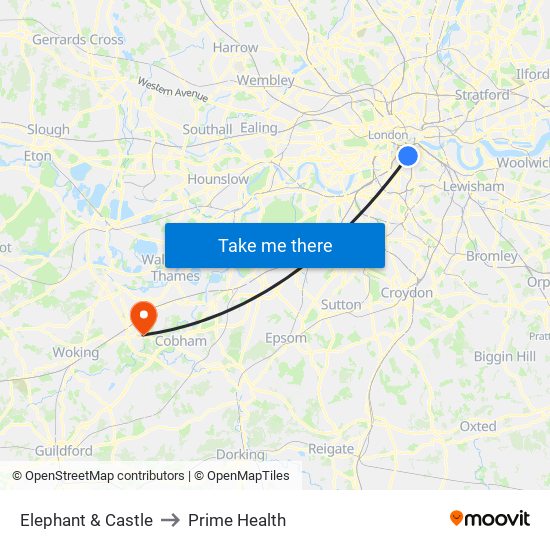 Elephant & Castle to Prime Health map