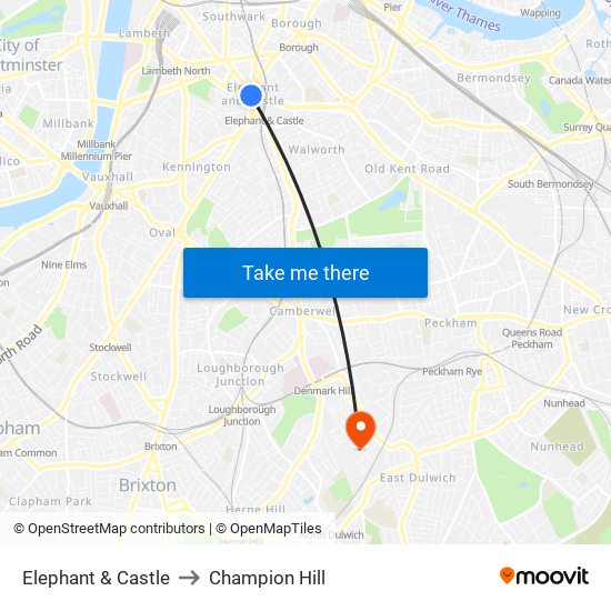 Elephant & Castle to Champion Hill map