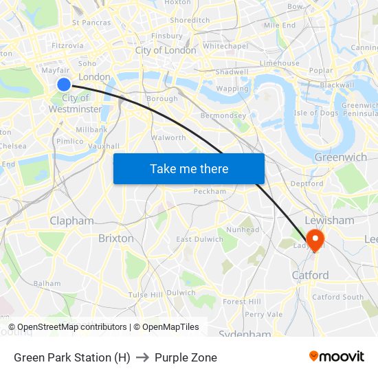 Green Park Station (H) to Purple Zone map