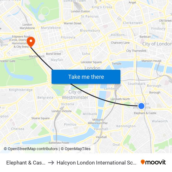 Elephant & Castle to Halcyon London International School map