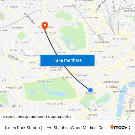 Green Park Station (H) to St Johns Wood Medical Centre map