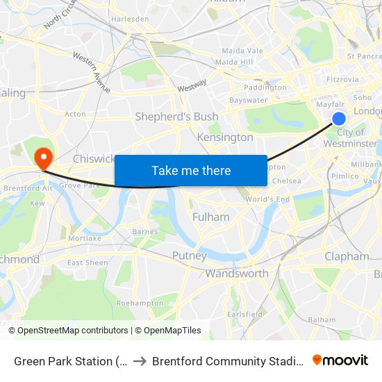 Green Park Station (H) to Brentford Community Stadium map
