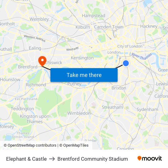 Elephant & Castle to Brentford Community Stadium map