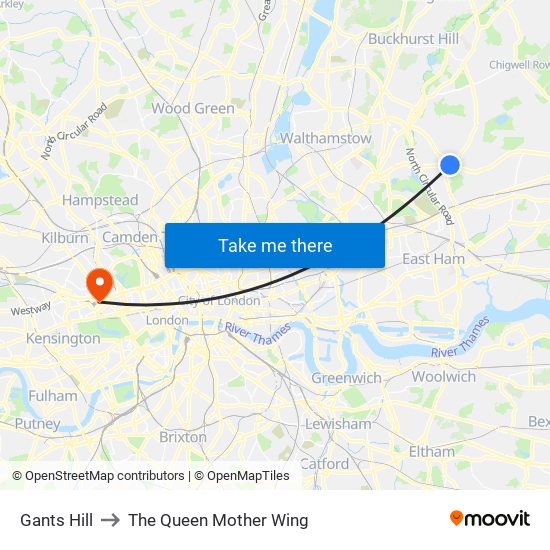 Gants Hill to The Queen Mother Wing map