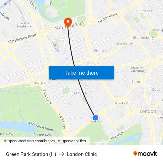 Green Park Station (H) to London Clinic map