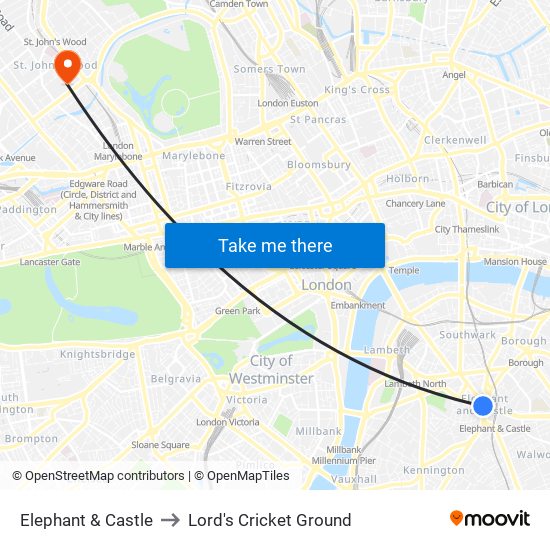 Elephant & Castle to Lord's Cricket Ground map