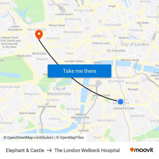 Elephant & Castle to The London Welbeck Hospital map