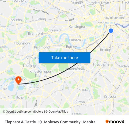 Elephant & Castle to Molesey Community Hospital map