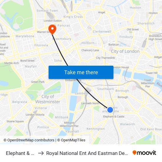 Elephant & Castle to Royal National Ent And Eastman Dental Hospitals map