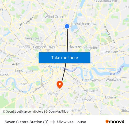 Seven Sisters Station (D) to Midwives House map