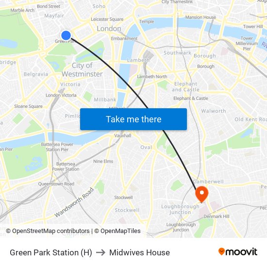 Green Park Station (H) to Midwives House map
