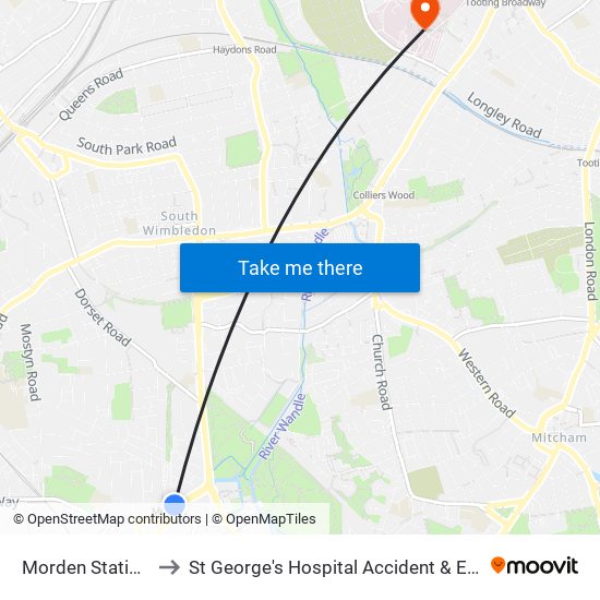 Morden Station (C) to St George's Hospital Accident & Emergency map