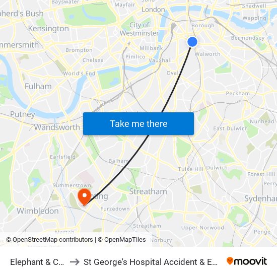 Elephant & Castle to St George's Hospital Accident & Emergency map