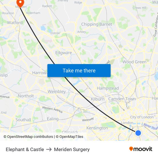 Elephant & Castle to Meriden Surgery map