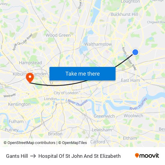 Gants Hill to Hospital Of St John And St Elizabeth map