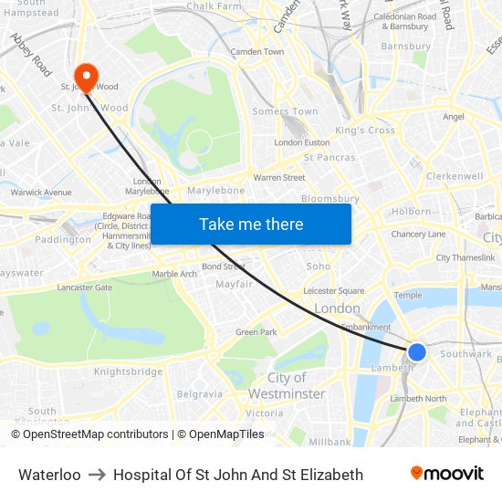 Waterloo to Hospital Of St John And St Elizabeth map