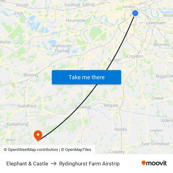 Elephant & Castle to Rydinghurst Farm Airstrip map