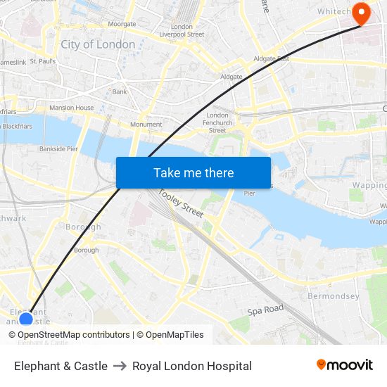 Elephant & Castle to Royal London Hospital map