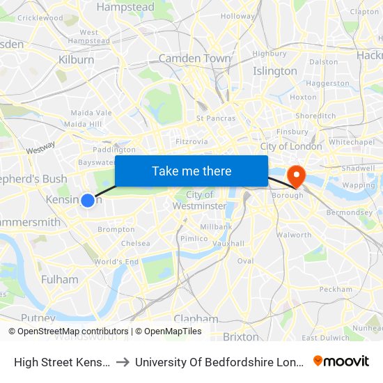 High Street Kensington to University Of Bedfordshire London Bridge map