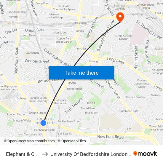 Elephant & Castle to University Of Bedfordshire London Bridge map