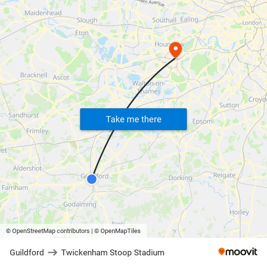 Guildford to Twickenham Stoop Stadium map