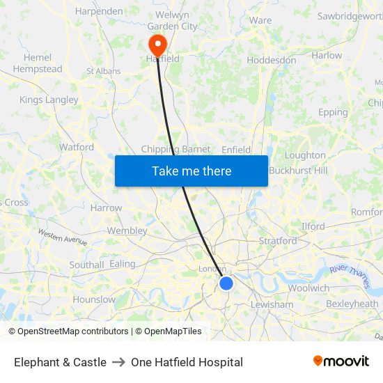 Elephant & Castle to One Hatfield Hospital map