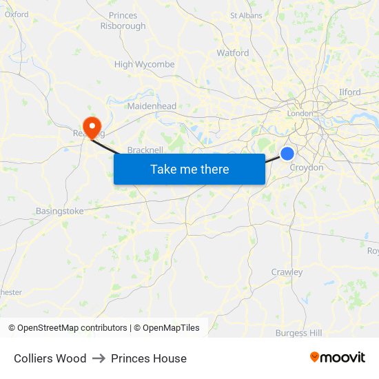 Colliers Wood to Princes House map