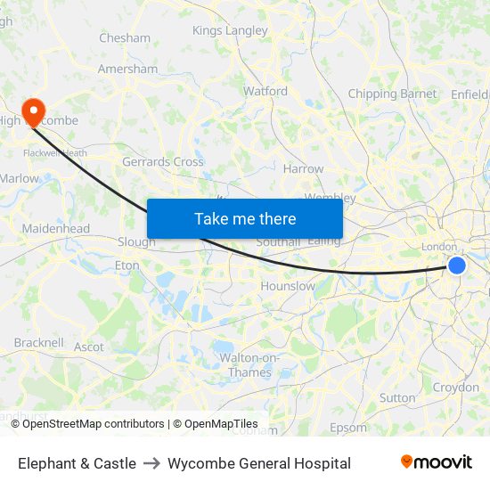 Elephant & Castle to Wycombe General Hospital map