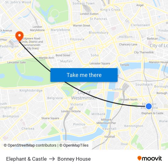 Elephant & Castle to Bonney House map
