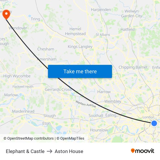 Elephant & Castle to Aston House map