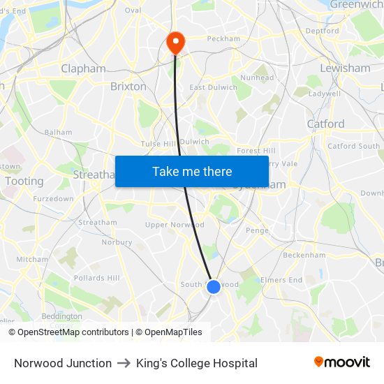 Norwood Junction to King's College Hospital map