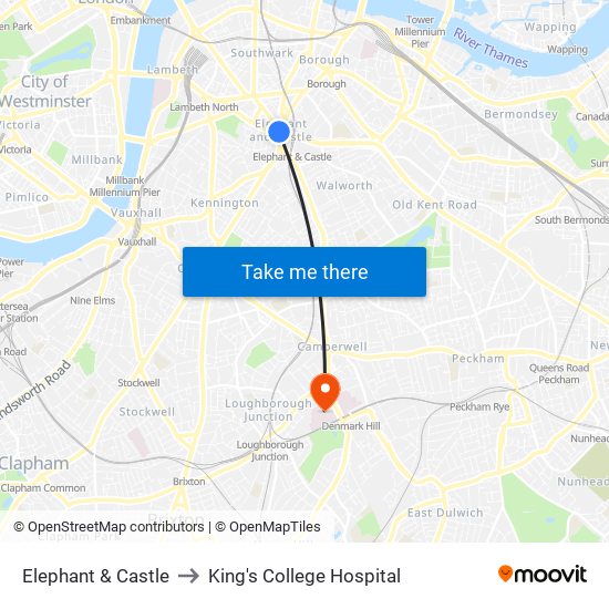Elephant & Castle to King's College Hospital map