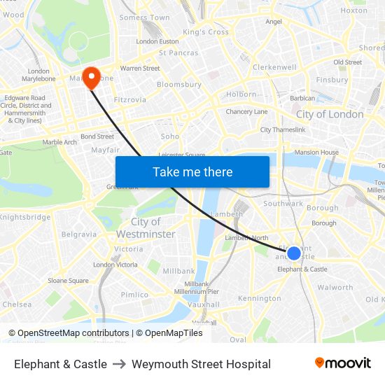 Elephant & Castle to Weymouth Street Hospital map