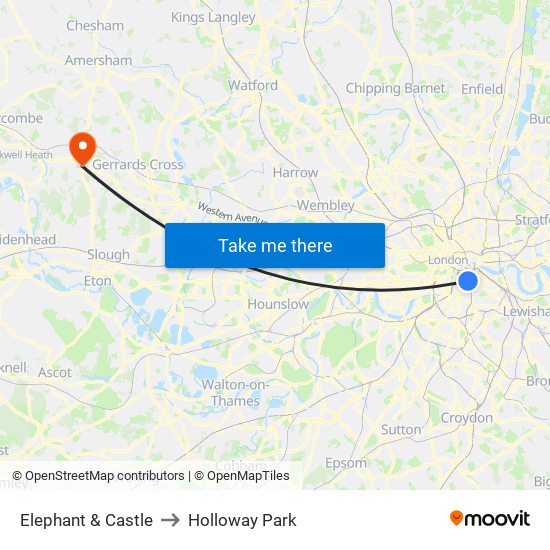 Elephant & Castle to Holloway Park map