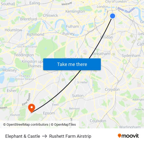 Elephant & Castle to Rushett Farm Airstrip map