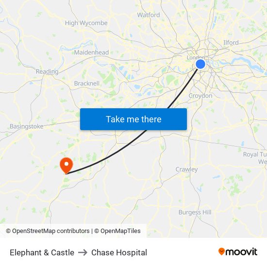 Elephant & Castle to Chase Hospital map