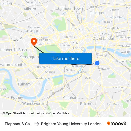 Elephant & Castle to Brigham Young University London Centre map