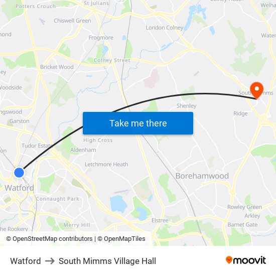 Watford to South Mimms Village Hall map