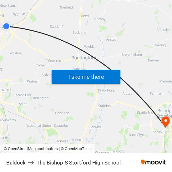 Baldock to The Bishop`S Stortford High School map