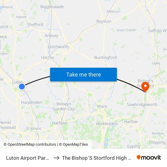 Luton Airport Parkway to The Bishop`S Stortford High School map