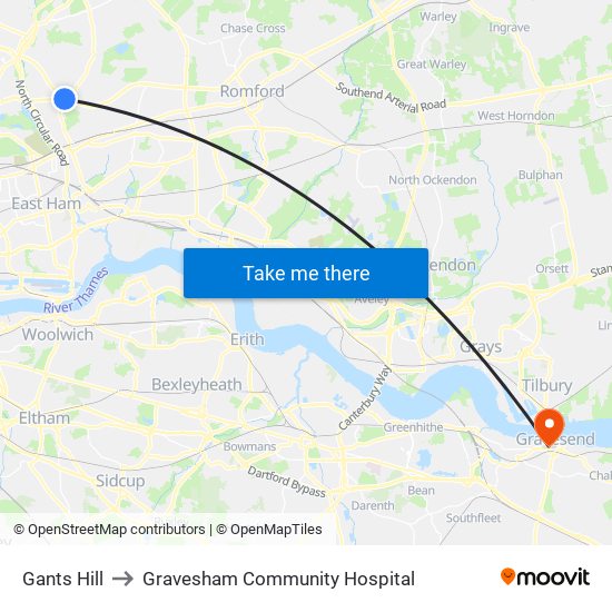 Gants Hill to Gravesham Community Hospital map