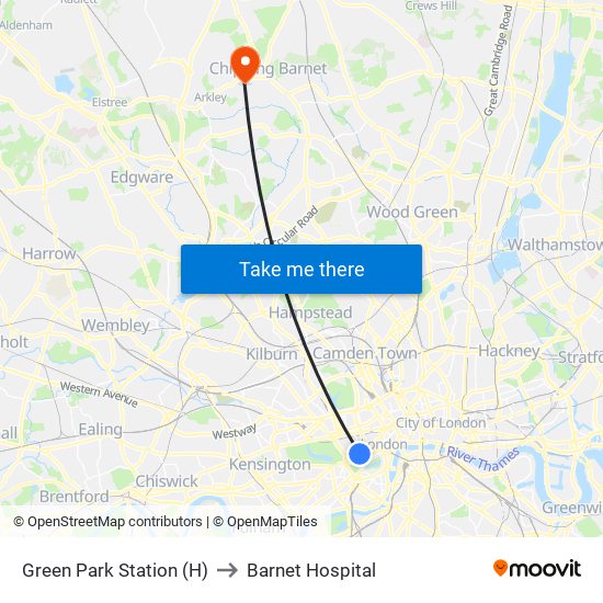 Green Park Station (H) to Barnet Hospital map