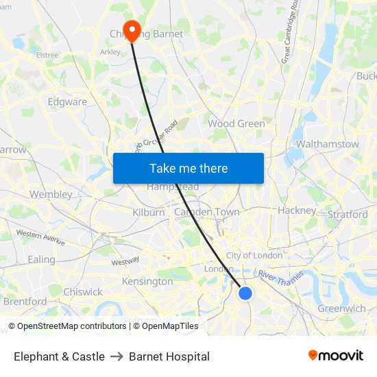 Elephant & Castle to Barnet Hospital map