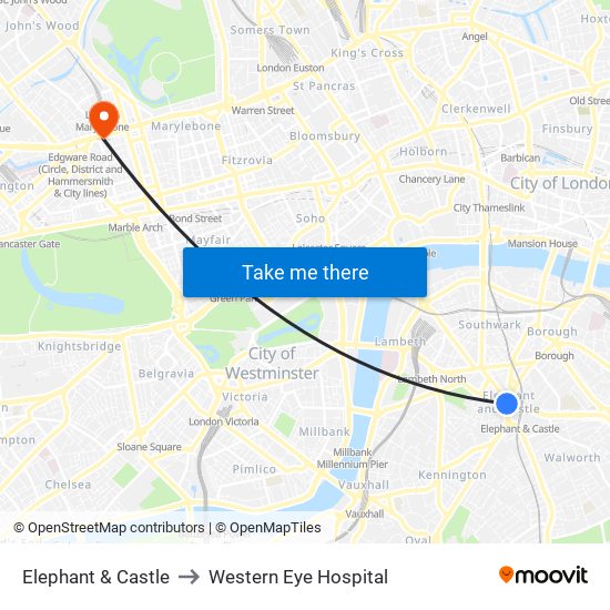 Elephant & Castle to Western Eye Hospital map