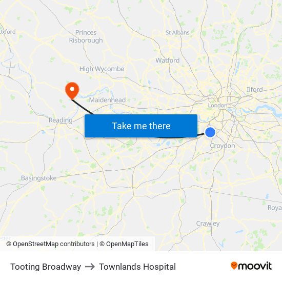 Tooting Broadway to Townlands Hospital map