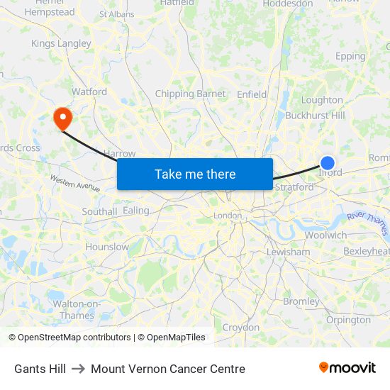 Gants Hill to Mount Vernon Cancer Centre map