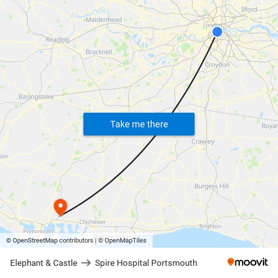 Elephant & Castle to Spire Hospital Portsmouth map